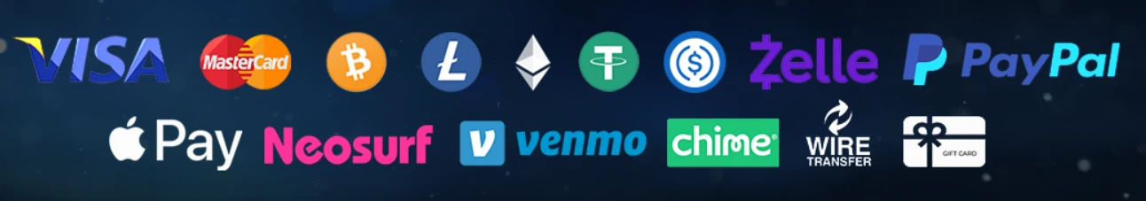 EuroBet Casino payment methods strip showing logos for Visa, Mastercard, Bitcoin, Litecoin, Ethereum, Tether, Zelle, PayPal, Apple Pay, Neosurf, Venmo, Chime, bank wire transfer and gift cards