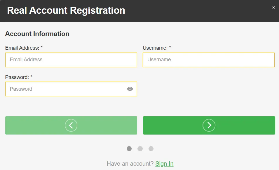 EuroBet Casino – modulo di registrazione conto reale con campi Email, Username e Password e pulsanti di navigazione per continuare la procedura