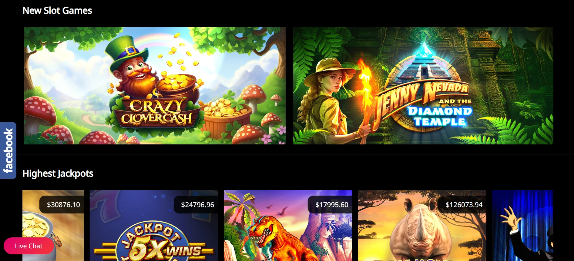 EuroBet Casino – sezione “New Slot Games” con banner delle slot Crazy Clovercash e Jenny Nevada and the Diamond Temple e area “Highest Jackpots” con slot a montepremi elevato
